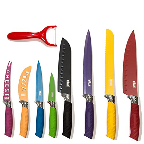 HULLR 9-Piece Kitchen Knife Set Stainless Steel Knives with Multi Colored Non-Stick Coating includes Ceramic Peeler Gift Box