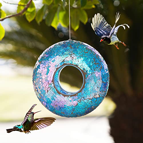 Fly Through Wild Bird Feeder Garden Hanging Bird Feeder Mosaic Circle Squirrel Proof For Outdoor Decoration,Blue #TOP3