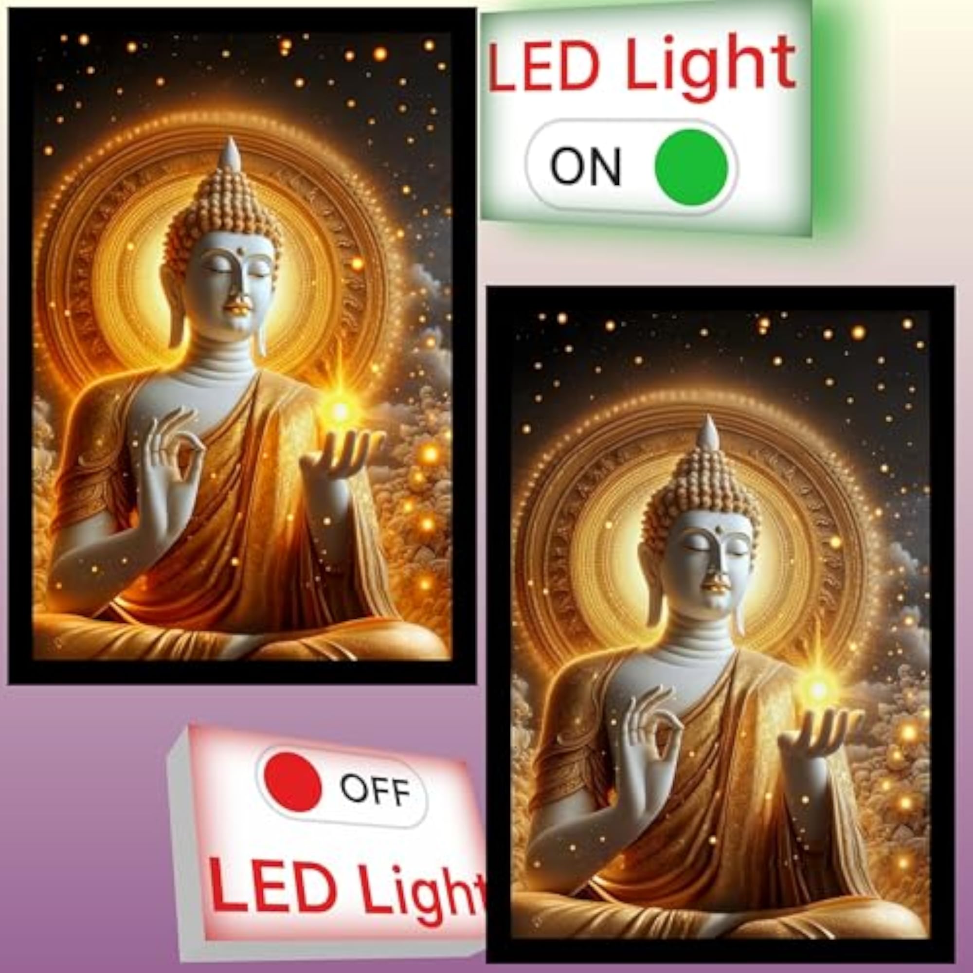 LED Buddha Wall Art, Golden Mandala Background Decor