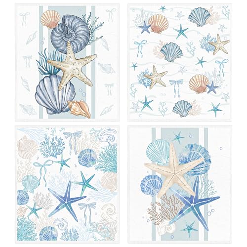 InIsaJace Beach Swedish Dishcloths for Kitchen, 4PCS Coastal Shell Coral Starfish Swedish Dish Cloths Gift Set, Ocean Summer Reusable Washable Absorbent Dish Towel for Home Cleaning