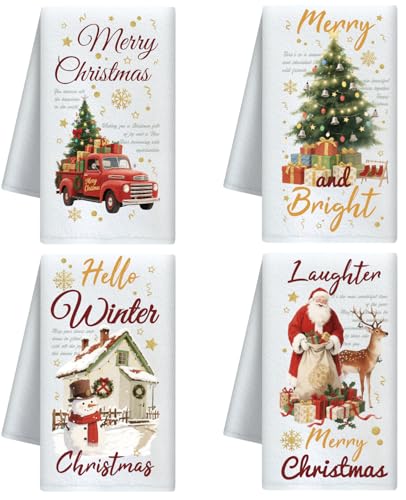 CUTHOLLOW Christmas Santa and Tree Decorative Kitchen Towels Set of 4 15.74x23.62 Soft & Absorbent Microfiber Dish Towel for Tea Coffee Bar Home Best Gift for Housewarming Christmas Winter