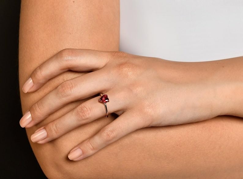 Tiny Heart Ring 14k Gold Ruby Promise Ring, Dainty Stack Ring, Bezel Gemstone Pinky Rings for Women, Delicate Birthstone Ring Gift for Her (Pink Ruby)2