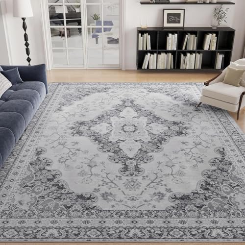Belffin 6x9 Washable Area Rug Living Room Moroccan Boho Thin Rug, Stain Resistant Floor Carpet, No-Slip Low-Pile Faux Wool for Indoor Bedroom Dining Home Kitchen Decor, Green