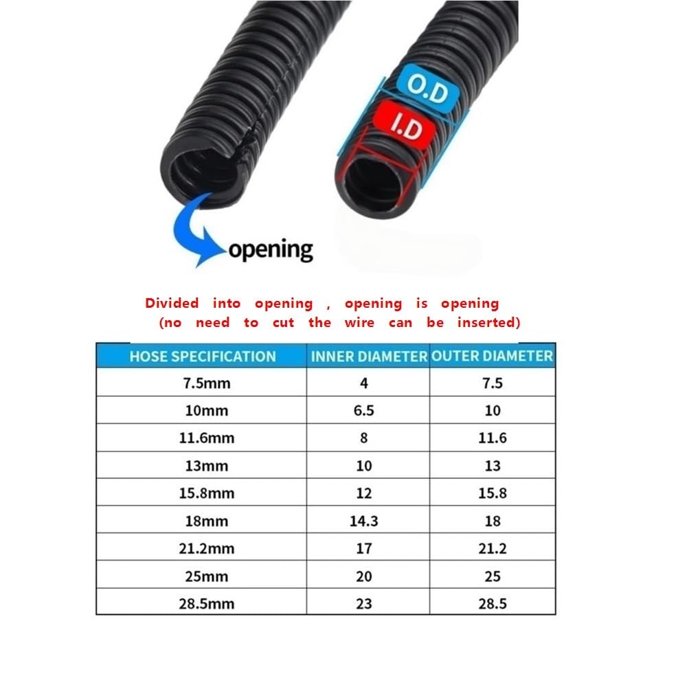 Tubo de Revestimiento Corrugado de Apertura, Tubo Negro de PP, Tubo de Revestimiento de arnés de Cables de Polipropileno for Equipo, 1 Pieza(20METERS*13MM)