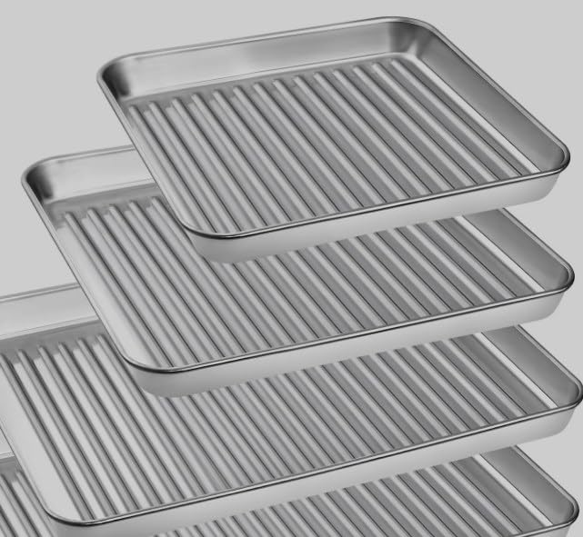 MAKTSAM Juego de 4 bandejas de horno de acero inoxidable, 4 tamaños, antiadherentes, rectangulares, con estante de refrigeración para horno, cocina, asado, diseño corrugado