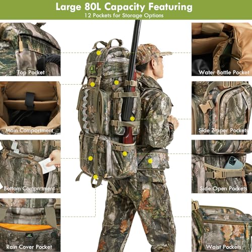 Image of Hunting Backpack for Men, 60 /80L Camo Backpack with Waterproof Rain Cover, 600D Hunting Pack for Hunters