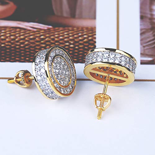Topgrillz 925 Sterling Silver Iced Out Cz Premium Diamond Cluster Zirconia Round Screw Back Stud Earrings For Men And Women Hip Hop Jewelry (Gold Big Circle) #TOP4
