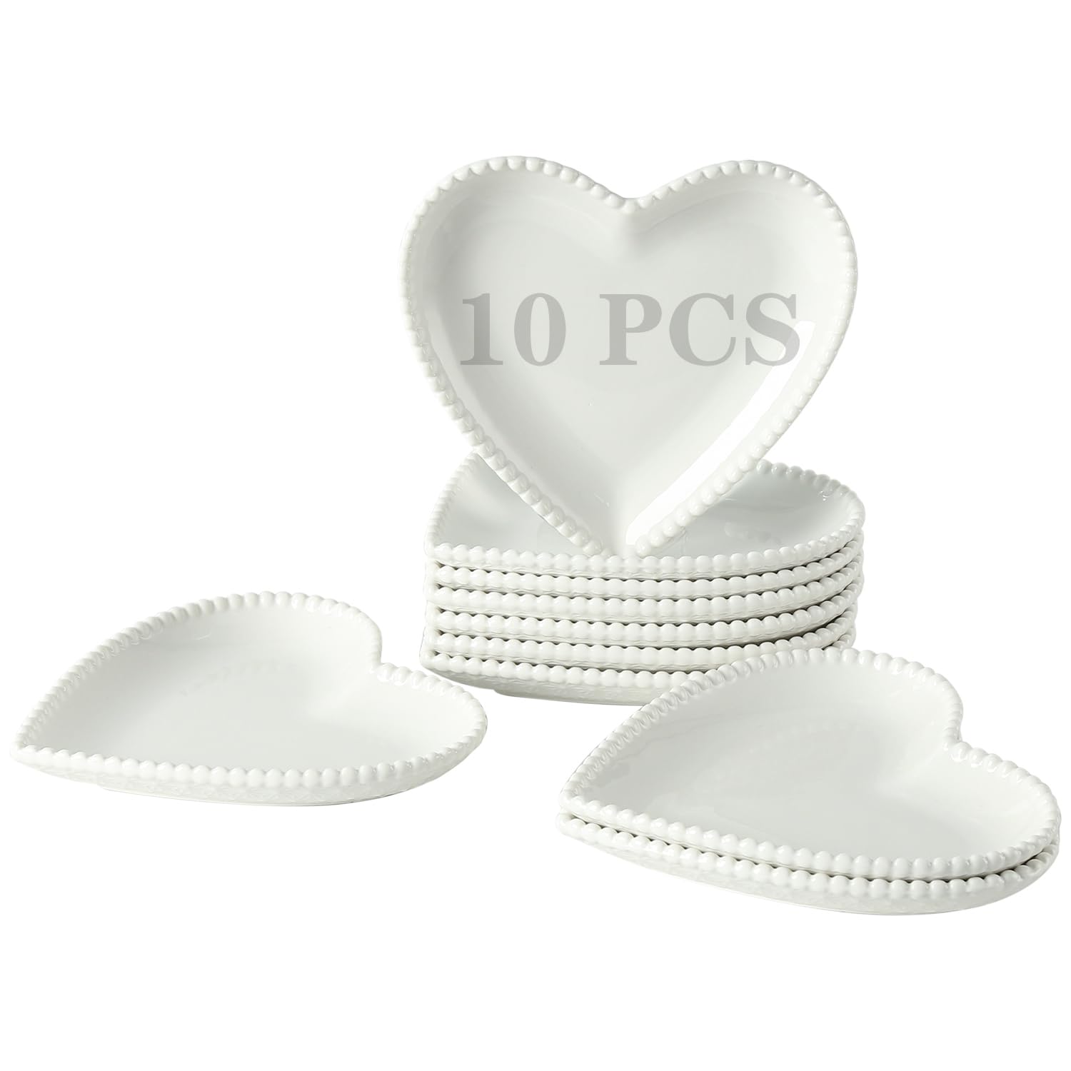 OMAYKEY 6.3 Inch Ceramic Dessert Plates Set of 10, Small Salad Plates, Porcelain Heart Shaped Appetizer Plates, Dinner Plates for Cake, Snack, Ice Cream, Microwave, Oven, Dishwasher Safe, White
