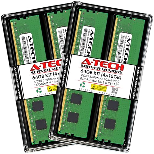 Image of A-Tech 64GB Kit (4x16GB) DDR5 5600MHz PC5-44800 ECC RDIMM 1Rx8 (EC8 10x4) Single Rank 1.1V ECC Registered DIMM 288-Pin Server RAM Memory Upgrade Modules (A-Tech Enterprise Series)