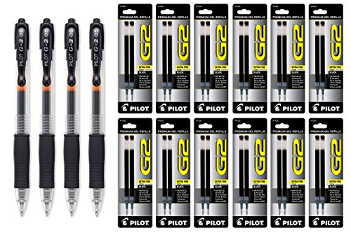 Pilot G2 Bolígrafo Gel Negro Extra Fino 4 Unidades + 24 Recambios