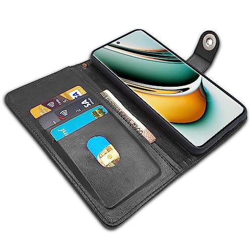 Image of Pikkme Realme 11 Pro / 11 Pro Plus 5G / Narzo 60 Pro 5G Flip Cover Leather Finish | Inside TPU with Card Pockets | Wallet Stand and Shock Proof | Complete Protection Button Flip Case (Black)