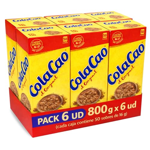 ColaCao Original en sobres, Cacao soluble, Cacao Natural y sin Aditivos, ideal para desayunos y meriendas, Sin tratamientos químicos ni aditivos, Contiene gluten, Pack 6 paquetes de 50 Sobres de 16 g