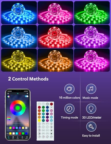 HOVVIDA LED Strip Lights 10M, 1x10M, 30 LEDs/Meter, 24V RGB LED Strip Light, 300 LEDs, APP and Remote Control, Music Mode, Timer Mode, LED for Bedroom, Living Room, Kitchen, Party - Image 3