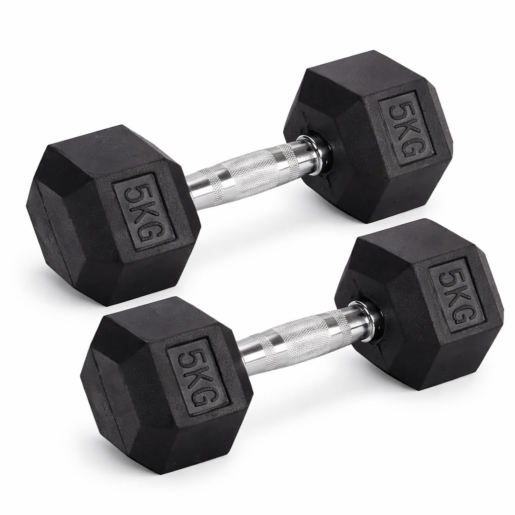Hex Dumbbells Set – Rubber Encased Anti-Roll Hand Weights with Chrome Handles for Strength Training, Weightlifting & Home Gym – Single or Pair – 2.5kg to 20kg (Pair 5kg / 11lbs)