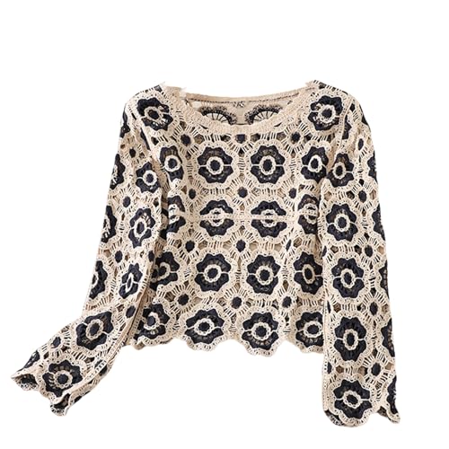 GirarYou Women's Crochet Knit Cardigan Sweater Long Sleeve V Neck Hollow Out Floral Jumper Beach Cover Up Shirts (Black, ONE Size)