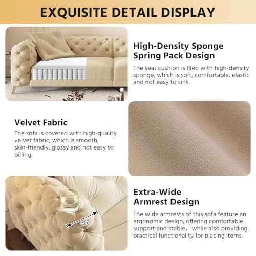 Image of KCGKCG 97.7 inch Sleeper Sofa Bed, Velvet 3-in-1 Pull Out Couch, Convertible Button Tufted Chesterfield Sofa with Movable Ottoman, 3 Seats King Size Couch Bed for Living Room /Bedroom, Apricot