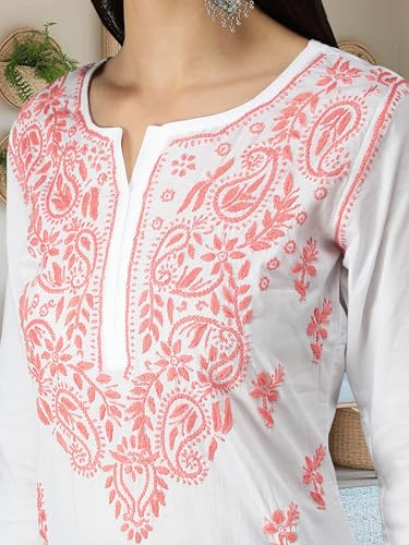 Image of Seva Chikan Hand Embroidered Lucknowi Chikankari Regular Straight Cotton Kurta Kurti for Women SCL4243