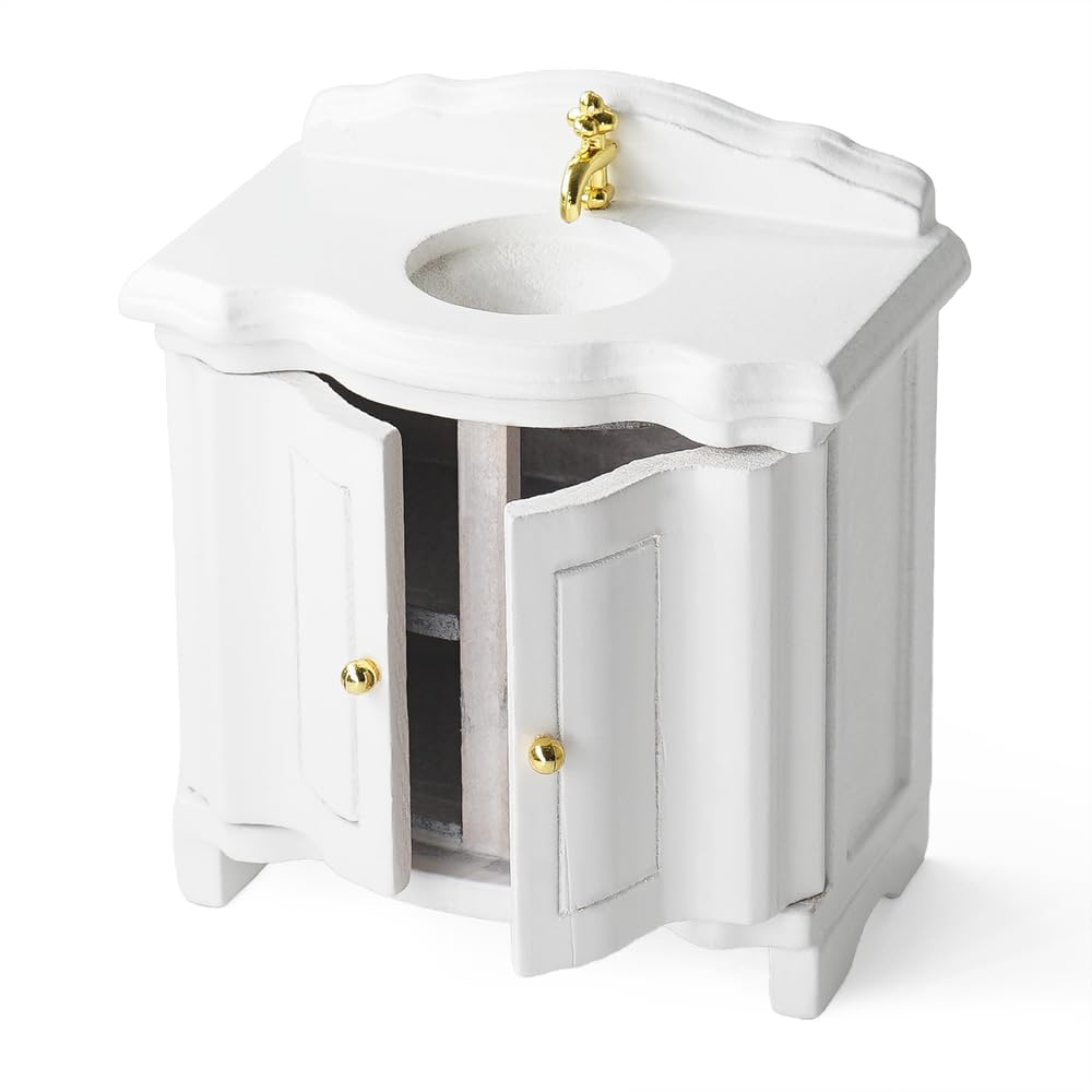 Odoria Dollhouse Sink Cabinet Miniature: 1/12 Scale Vanity with Washbasin for Bathroom Toilet - Mini Vintage Furniture with Storage White