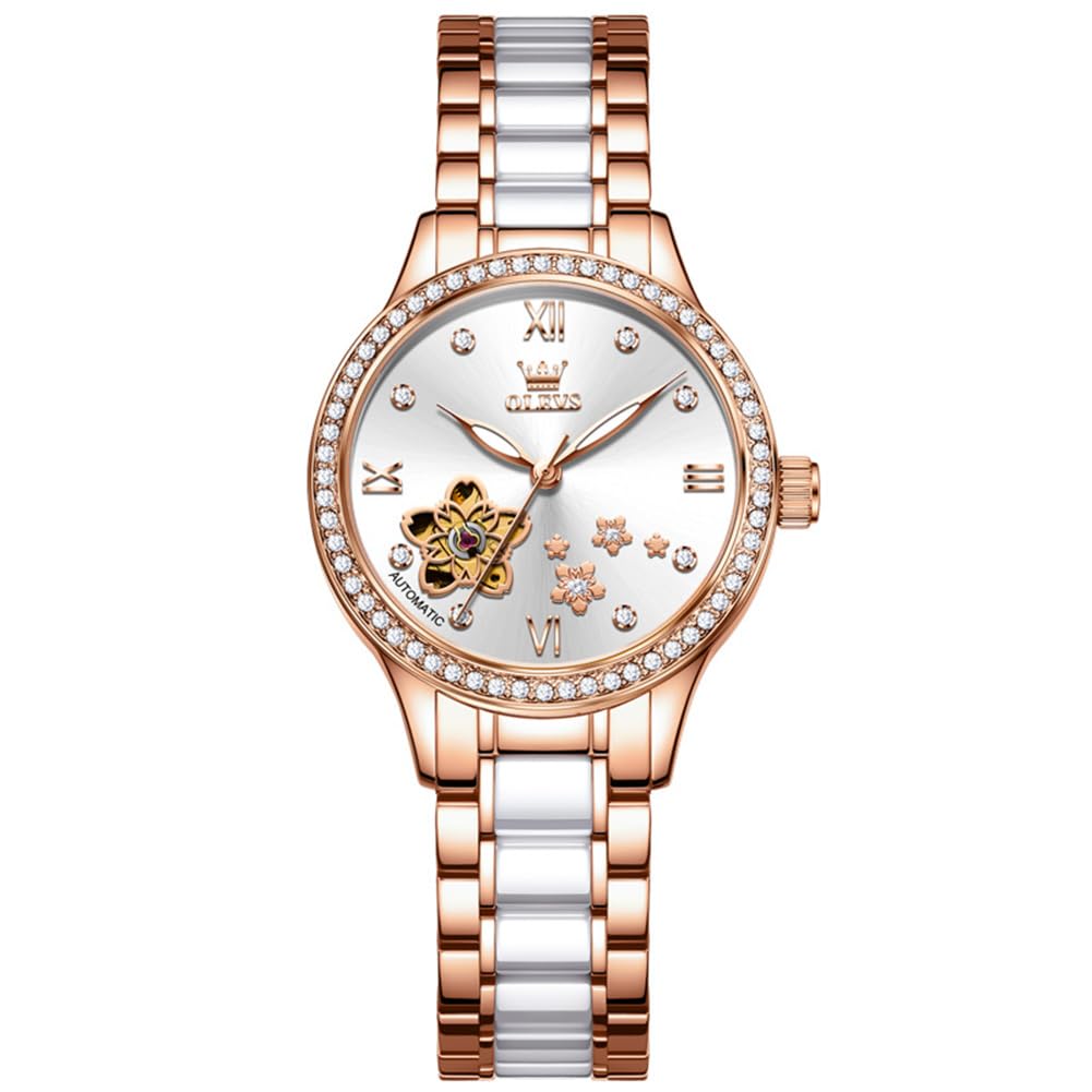 OLEVS Orologio automatico da donna, lussuoso, con diamanti, orologio da donna a carica automatica, cinturino in ceramica, impermeabile, set con bracciale e orologio da donna