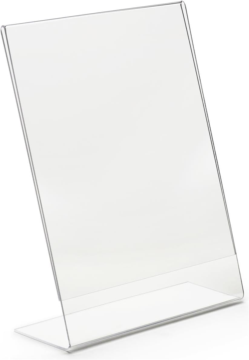 Set of 25, Clear Acrylic Sign Frames for 8-1/2”w x 11”h Prints, Frosted Edges, Slant Back Sign Holder with Slide-in Design