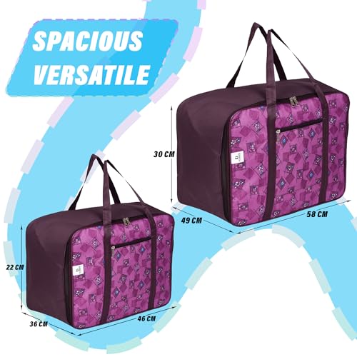 Image of Kuber Industries Storage Bag | Clothes Storage Attachi Bag | Underbed Storage Bag | Zipper Storage Bag | Wardrobe Organizer with Handle | Travel Attachi Bag | Flower Check | S | L | Pack of 2 | Purple
