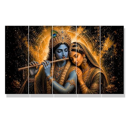 Image of Nozvera Radha Krishna 5 Panel Wall Painting | UV Printed Sparkle Laminated Canvas Art | 48x24 Inch Large Framed Poster for Living Room, Bedroom, Pooja Room | Waterproof Antifade Home Decor