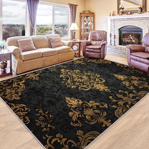 Tapete corredor Damask 2x3 ft negro y dorado miniatura 1