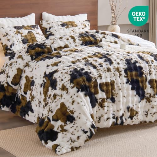 Image of EMME Fluffly Faux Rabbit Fur Bubble Comforter Set Twin, Cow Print