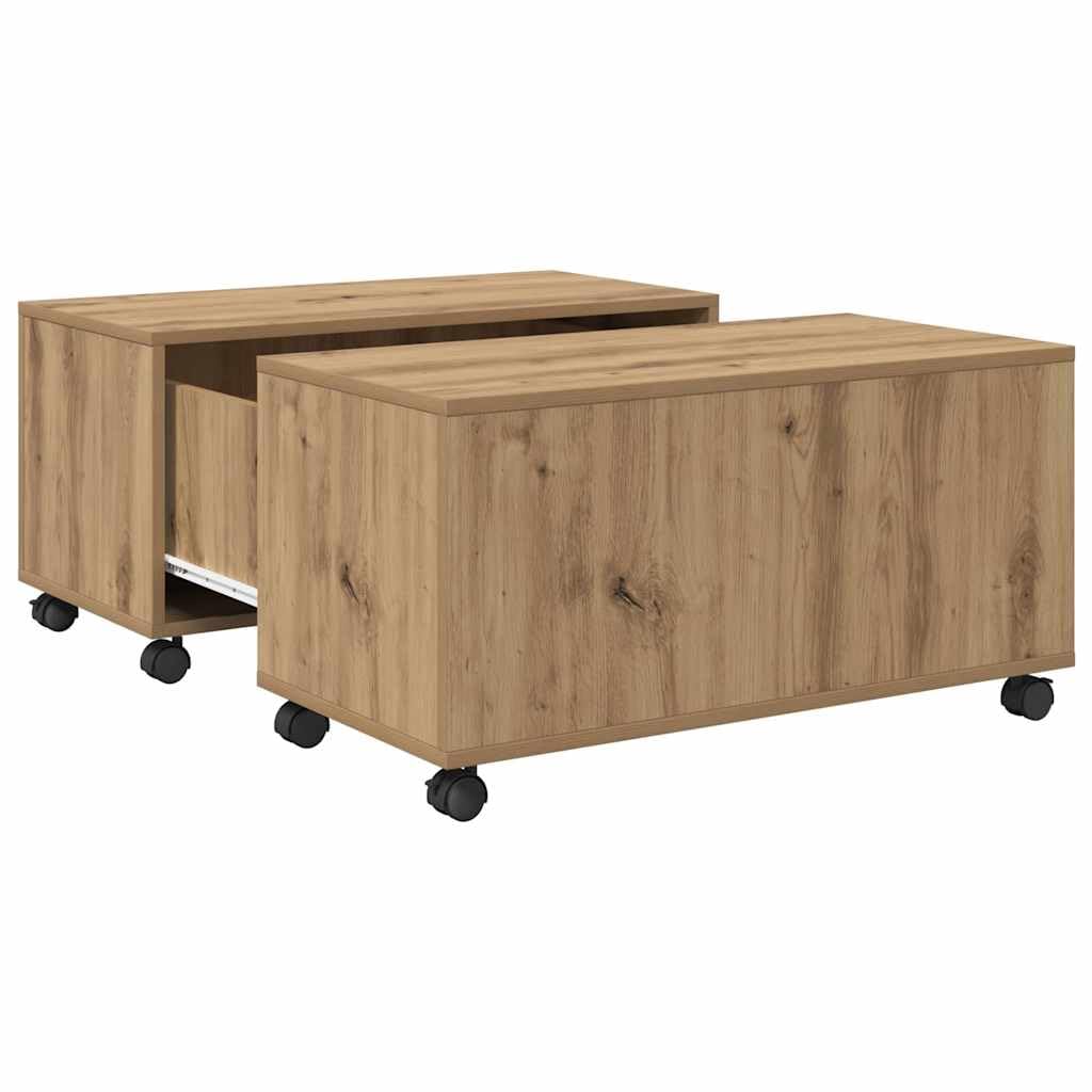 Table basse carrée 75x75 cm en chêne artisanal avec tiroir et roues pour salon