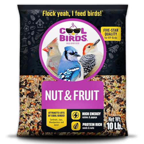 Cool Birds Nut & Fruit Wild Bird Seed – 10 lb. Gourmet Bird Food with Sunflower Hearts, Peanuts, Tree Nuts & Real Fruit – No Corn, Milo or Millet Bird Seed for Outside Feeders