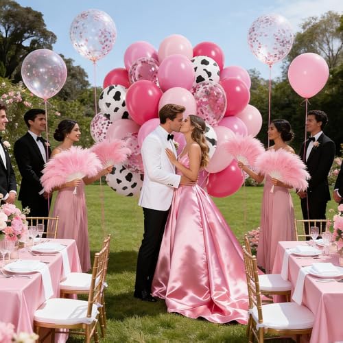 Image of 100Pcs Cowgirl Balloons, Hot Pink Light Pink Confetti Cow Print Balloons | 12 Inch Pink Cow Print Latex Balloon for Western Rodeo Farm Birthday Party Baby Shower Gender Reveal Party Decorations