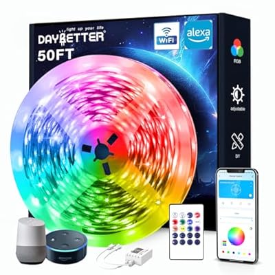 DAYBETTER Smart WiFi Led Lights, 50 FT RGB Led Strip Lights Compatible with Alexa and Google Assistant, App Voice Remote Control Music Sync Color ChangingLED Strip Lighting for Bedroom Room Decor