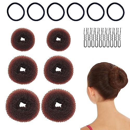 6 donuts para moño, donut moño, máquina de moño, estilo anillo de moño, donut moño de pelo, para mujer, con 10 unidades de U-Clip y 6 cuerdas de cabeza