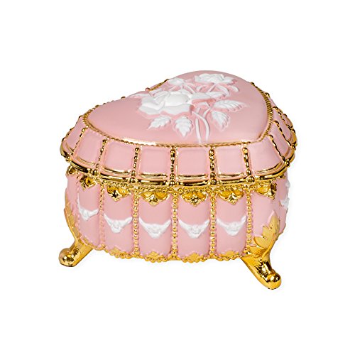 Matte Pink Heart Shaped Jeweled Gold Tone Metal Music Box Plays 18th Variation
