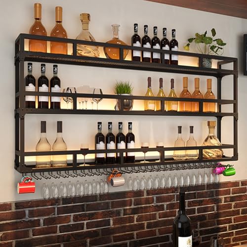 Casier à vin mural métal bouteille alcool et support verre LED