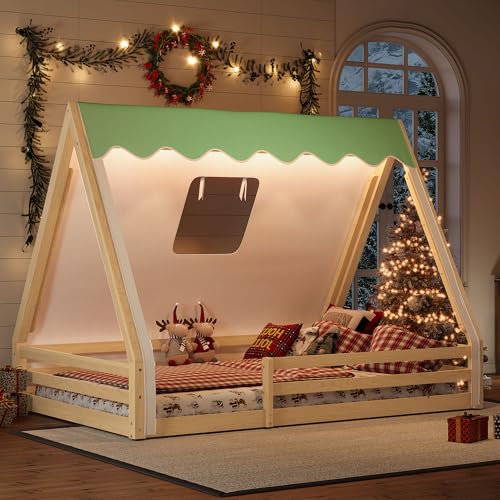 Image of CZBZ Full Size House Floor Bed with Canopy Tent and LED Lights, Wood Teepee Montessori Floor Beds Frame with Guardrails for Kids, Playhouse Design for Safe Sleep & Imaginative Play