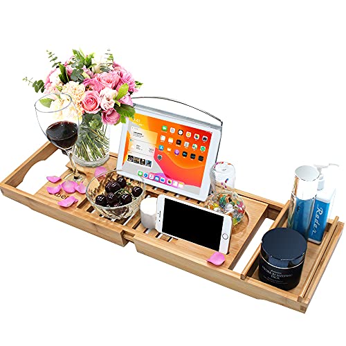 Bamboo Bathtub Caddy Tray Wooden Bath Tray with Extending Arms, Reading Rack, Tablet Holder, Cellphone Tray and Wine Glass Holder