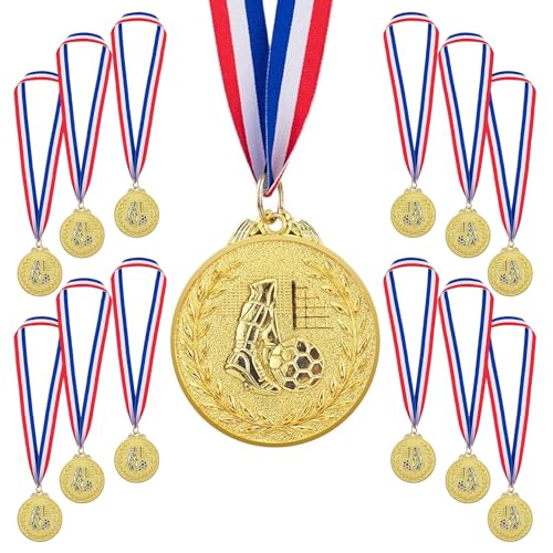 JKYVAA 12 Pcs Football Medals for Kids Gold Medal with Tricolour Nylon Ribbon Metal Medals for Children Football Party Favours Prizes Awards
