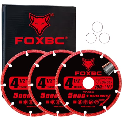 FOXBC 4-1/2 Inch Diamond Cutting Wheel Metal Cut Off for Angle Grinder, 5000+ Cuts on Rebar, Stainless Steel, Angle Iron, 7/8' Arbor - 3 Pack