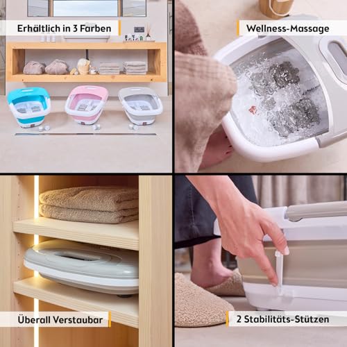 TZS First Austria - Fußsprudelbad 500W - Fußmassagegerät mit 3 Aufsätzen & 8 Massagerollen - Vibrations- & Luftblasenmassage, Infrarot- & Heizfunktion - Klappbar bis Größe 47 - Grau