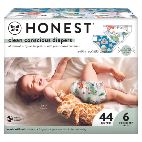 Image of The Honest Company Clean Conscious Diapers | Plant-Based, Sustainable | Holiday '22 Prints | Club Box, Size 6, 44 Count