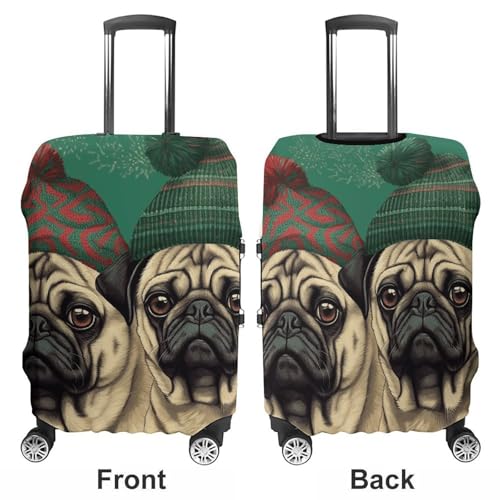 Two Pugs Wearing Hats Elastic Luggage Cover Suitcase Protector for 19-32 Inch Suitcases | Universal Stretchable Travel Bag Cover | Anti-Scratch, Washable with Zipper Closure M3