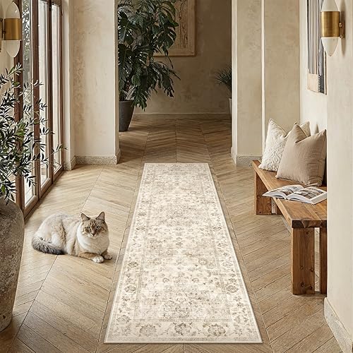 HUGEAR Vintage Beige Waschbarer Läufer Teppich Flur 60x180cm Bettvorleger Küchen Wohnzimmer Schlafzimmer Teppiche rutschfest Kurzflor Weich Flurläu