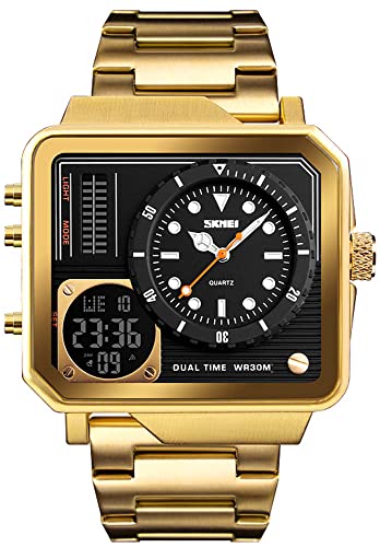 Gosasa Men's Square Large Face Stainless Steel Digital Sports Watch, LED Analog Quartz Wrist Watch with Multi-Time Zone Waterproof Stopwatch3