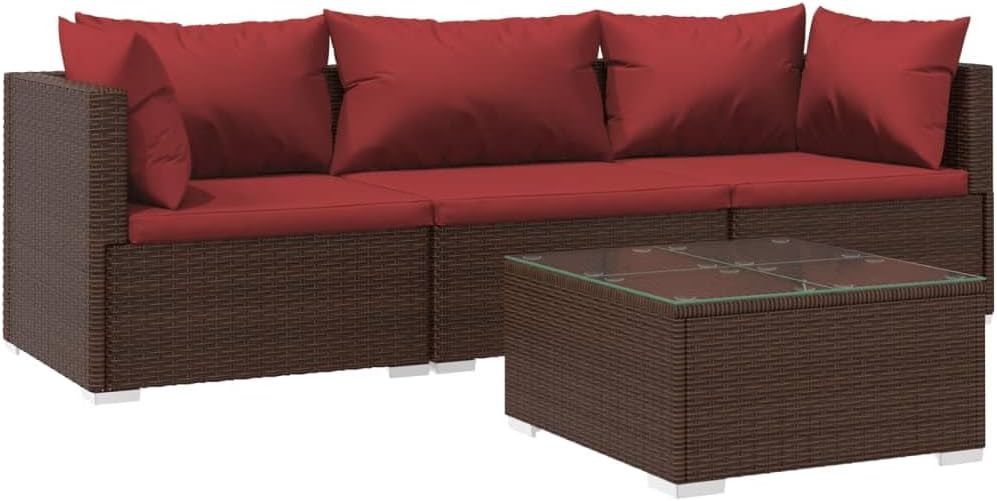 vidaXL Patio Lounge Set with Cushions, Patio Modular Couch, Seating for Garden Outside, Sectional Sofa, Outdoor Furniture, Brown Poly Rattan 4 Piece