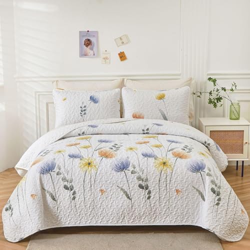 Floral Quilt Set King 3 Pieces Blue & Yellow Quilts Coverlet Set Bohemian Cute Bedspread Lightweight Farmhouse Bed Coverlet for Fall Winter All Season(110