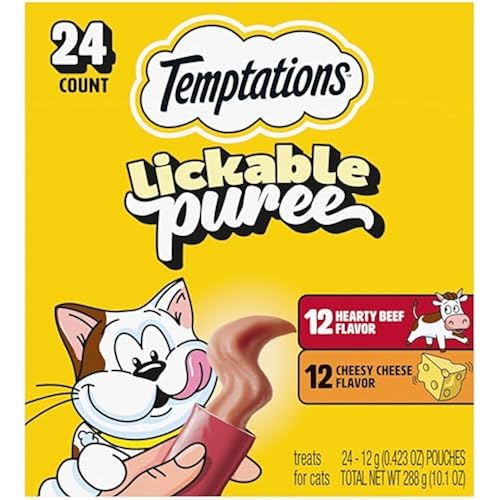 Temptations Creamy Puree Lickable Cat Treats, Beef Liver & Cheese, 24 Count