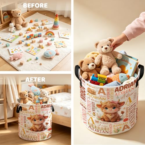 Image of Custom Highland Cow Laundry Hamper, Personalized Laundry Basket with Name, Customized Dirty Clothes Basket for Clothes Toy Bathroom Bedroom Storage,S-16.5 inchX 13.8 inch
