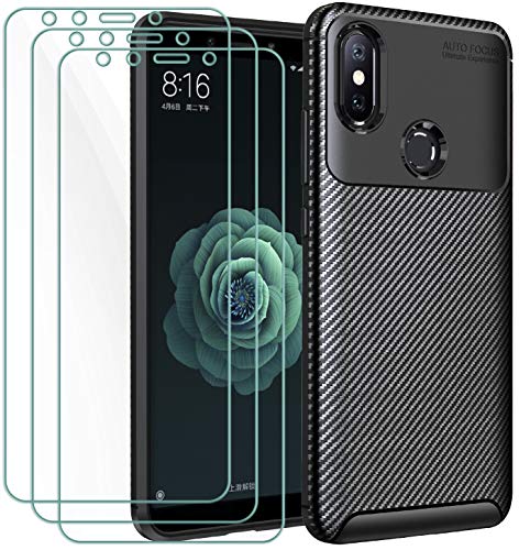 ivoler Funda para Xiaomi Mi A2 + 3 Unidades Cristal Templado, Fibra de Carbono Negro TPU Suave de Silicona [Carcasa + Vidrio Templado] Ultra Fina Caso y Protector de Pantalla