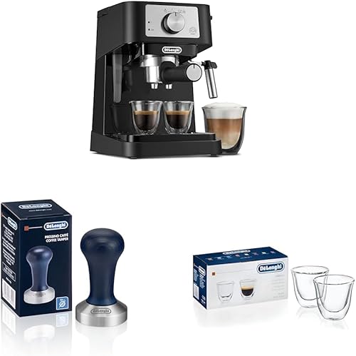 De'Longhi Stilosa - Máquina manual de café expreso, cafetera para café con leche y capuchino, tamper de café DLSC058 y juego de 2 vasos térmicos de